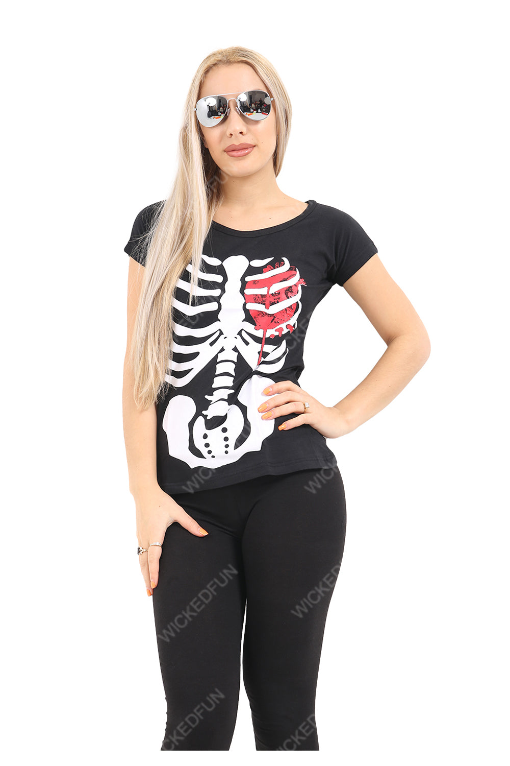 Wickedfun Black Skeleton W Bloody Heart Printed TShirt