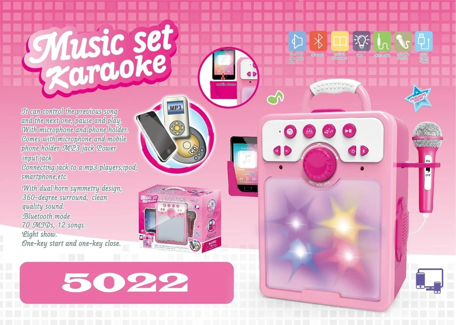 5022 Light Up Boom Box Karaoke Music Set Square Pink