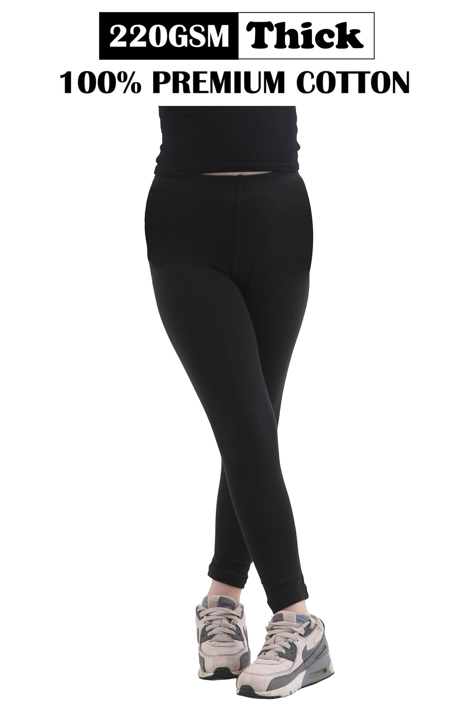 Children's Black Thick Cotton Leggings Full Length (220-GSM)