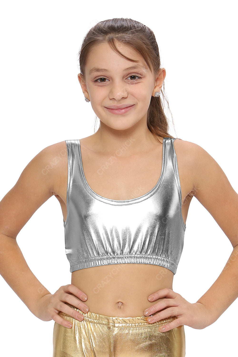 Crazy Chick Girls Shiny Metallic Silver Crop Top