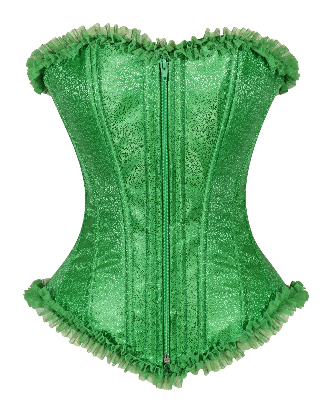 Crazy Chick Green Brocade Corset with Zip and Frill