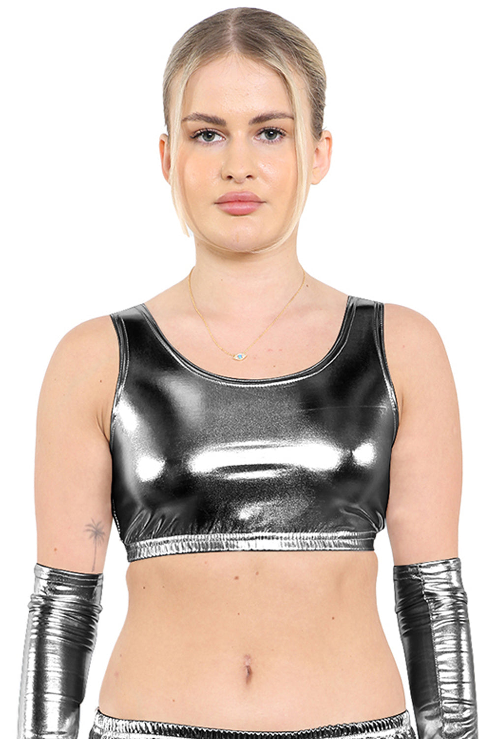 Crazy Chick Adult Shiny Metallic Black Crop Top