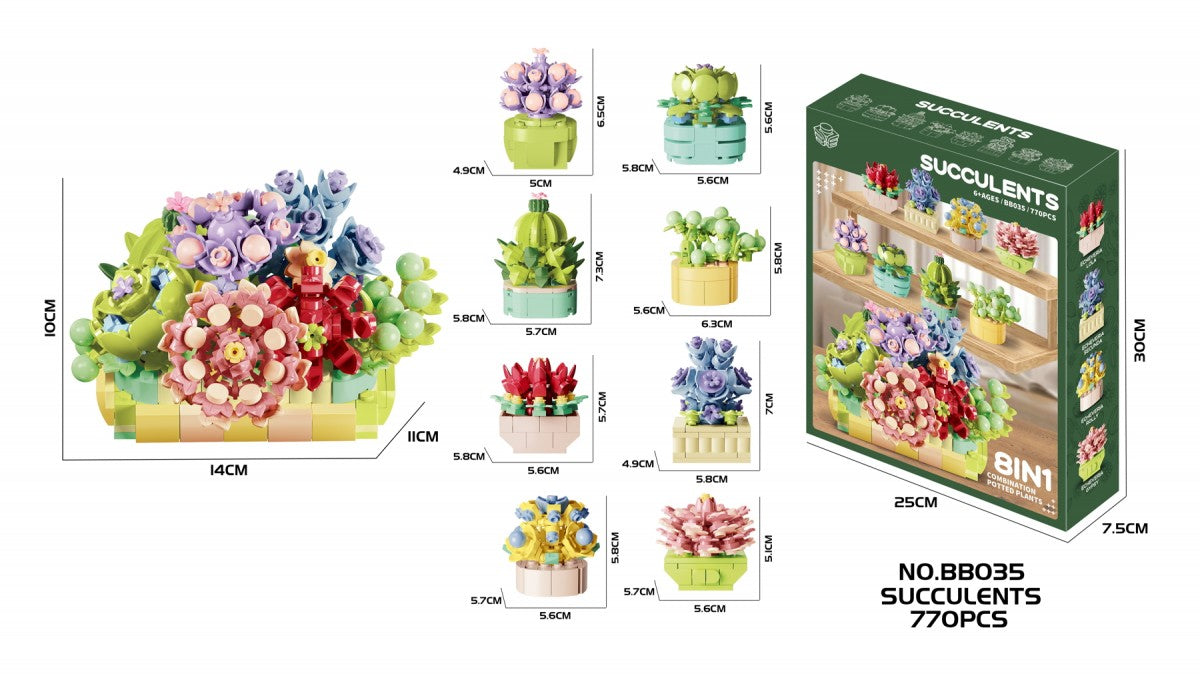 BB035 Succulents 8-in-1 Potted Plants Building Blocks Set – 770pcs