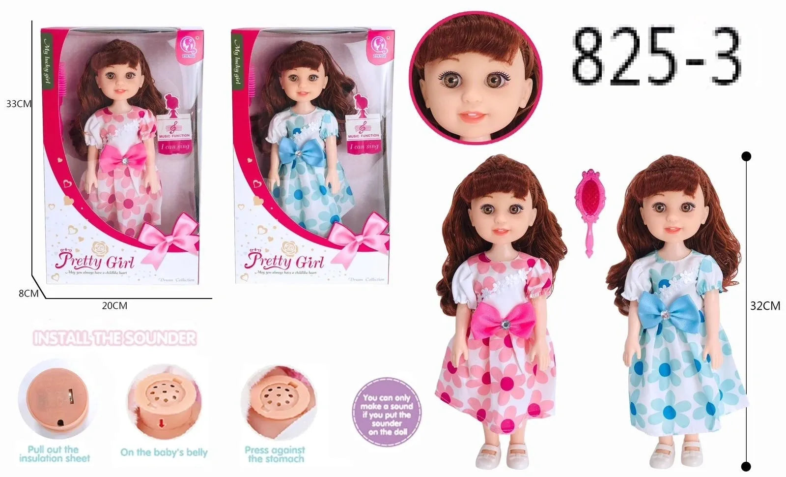 825-3 32cm Sound Singing Girl Doll Assorted Design