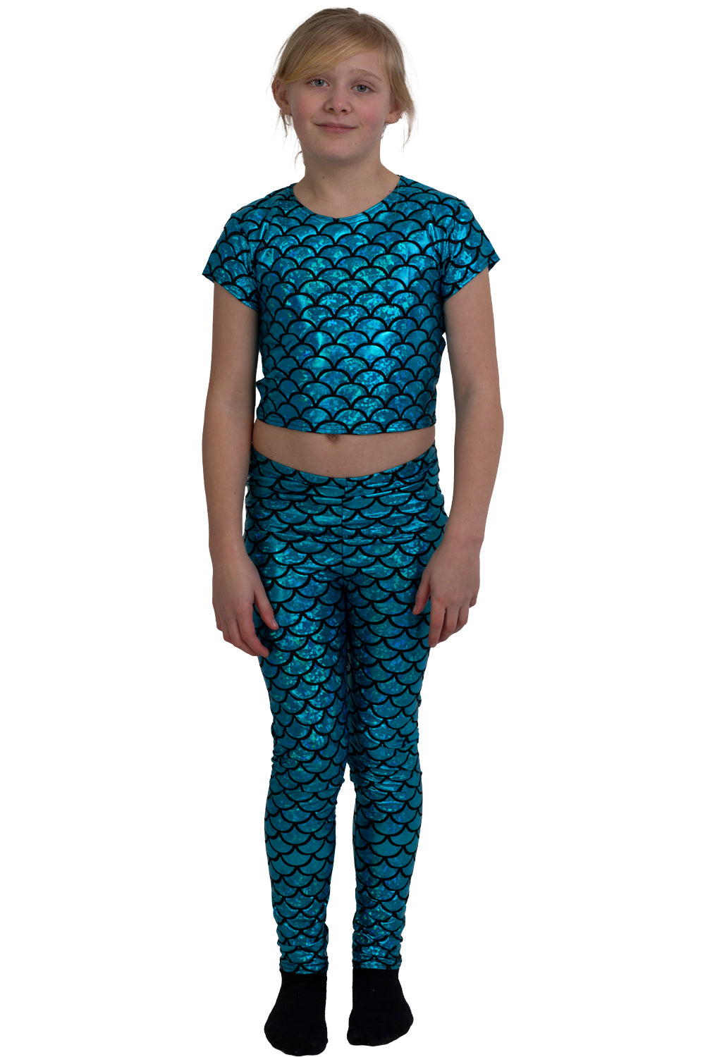 Wickedfun Girls Metallic Fish Scale Mermaid Turquoise Crop Top