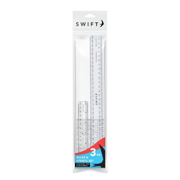 Stationery School Plastic Ruler and Stencil Set of 3 P2384