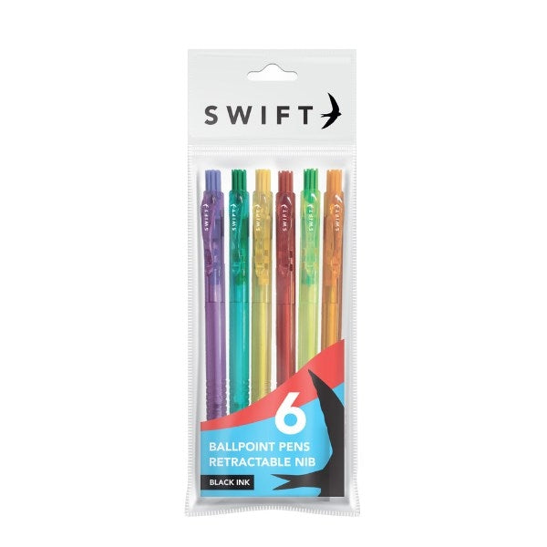 Colourful Retractable Ballpoint Pens 6pk Black Ink P3052