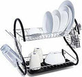 2 Tier Dish Drainer Rack With Cutlery Rack Holds Plates Mugs Cups Anti Slip Black Finish 9180