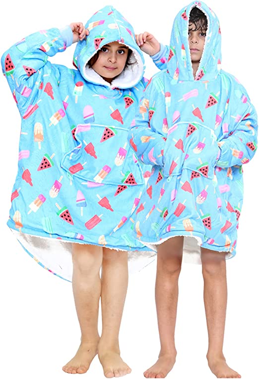 Children's Blue Food Print Lolly Hoodie Blanket