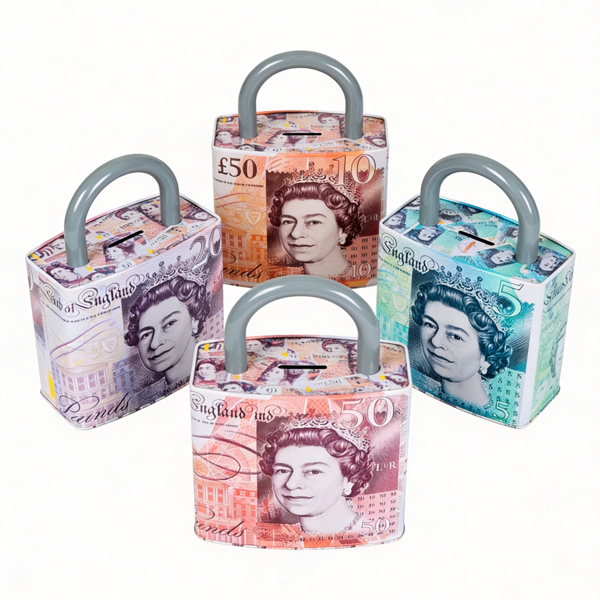 Queen Elizabeth Pound Note Reusable Coin Money Tin Box Padlock Shape with Handle Assorted Colours – 211g, 16.5 x 9.5 x 26.5cm, SKU PAD001A