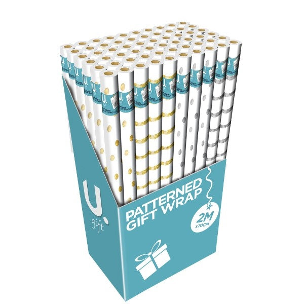 Gold / Silver Patterned Gift Wrapping Paper 2m x 70cm Assorted Designs P1914