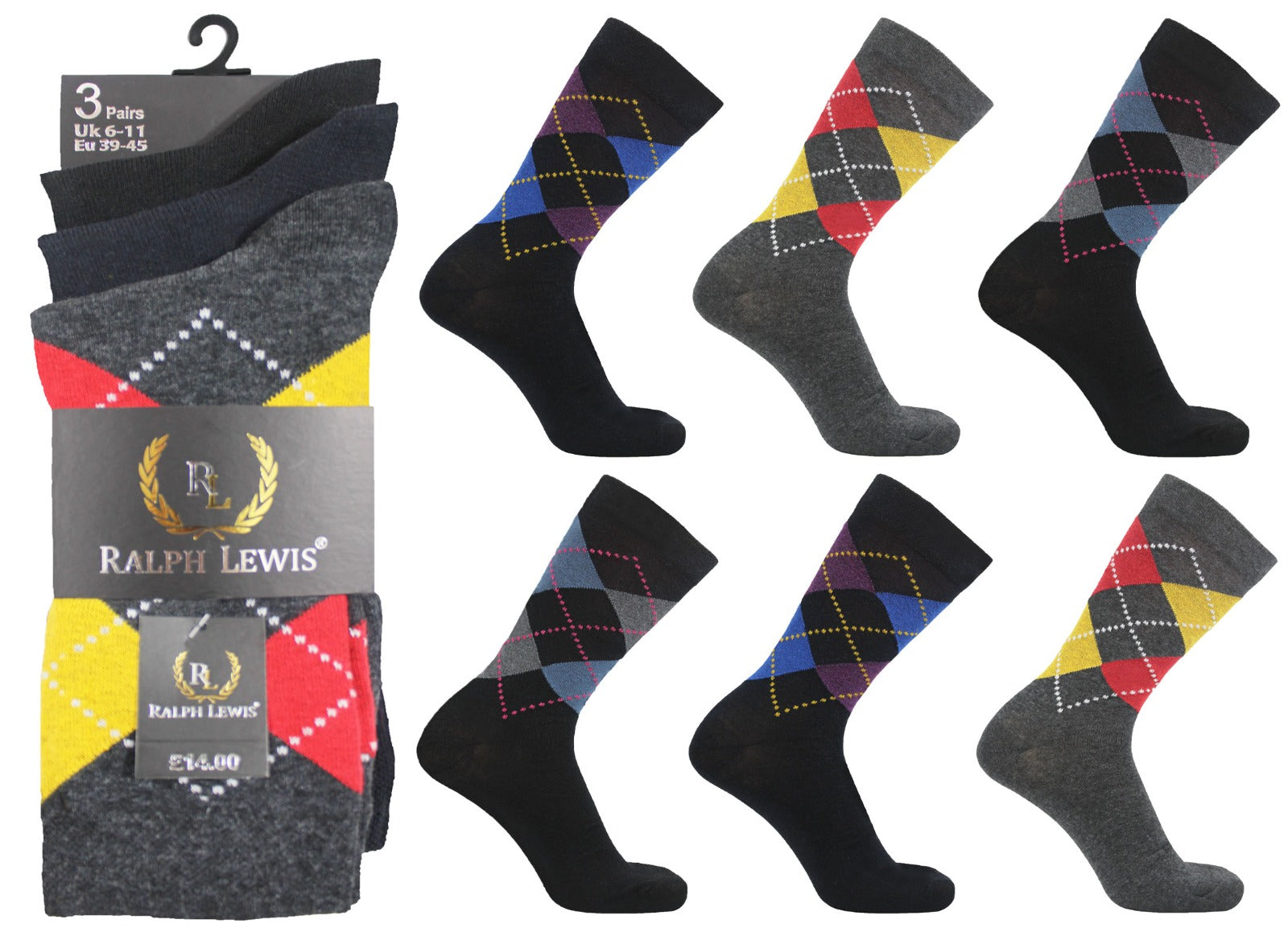 Men's Active Star Bright Argyle diamond Cotton Socks (Pack Of 3)