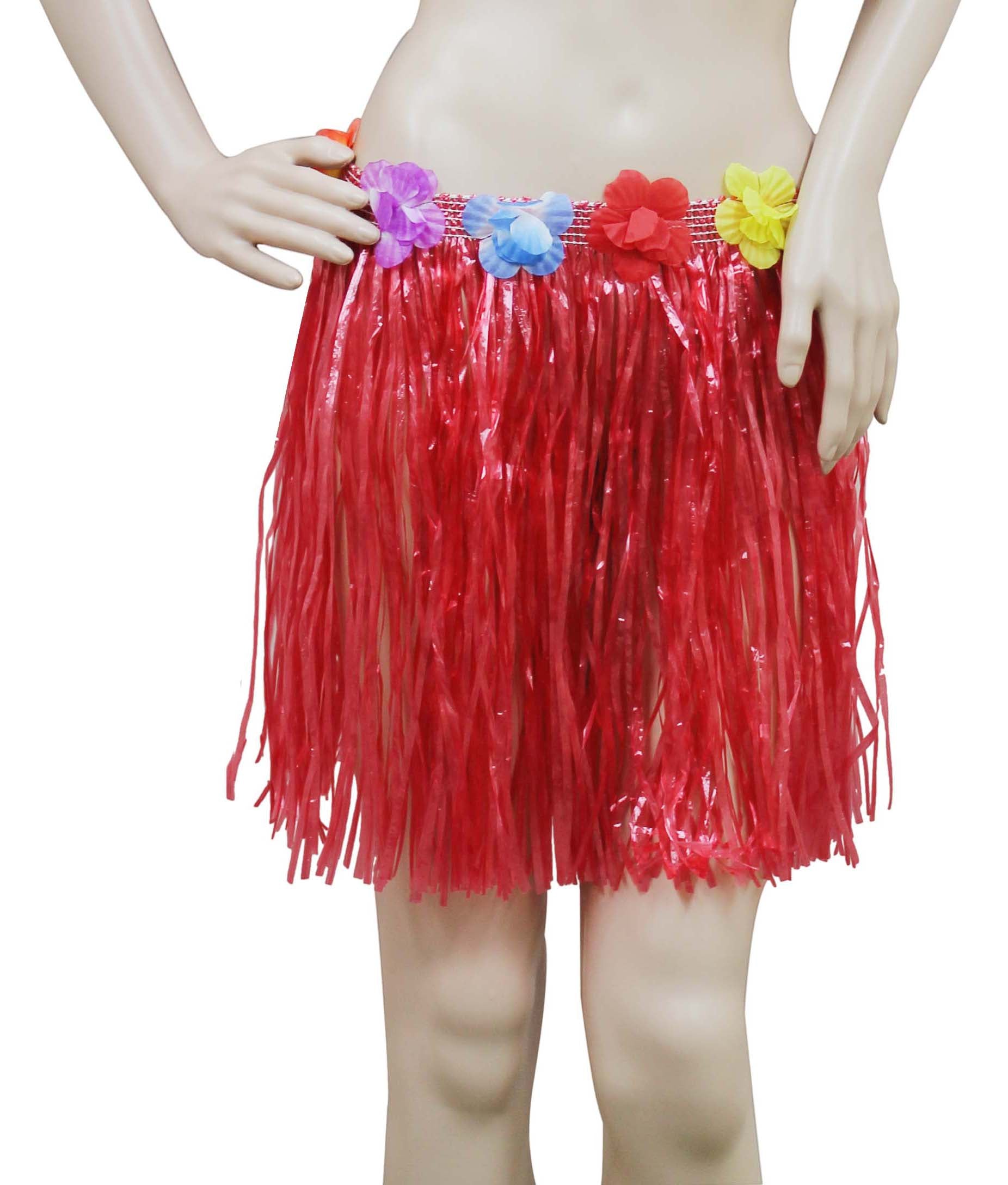 Crazy Chick Adult Red Hula Skirt with Flowers (40cm)