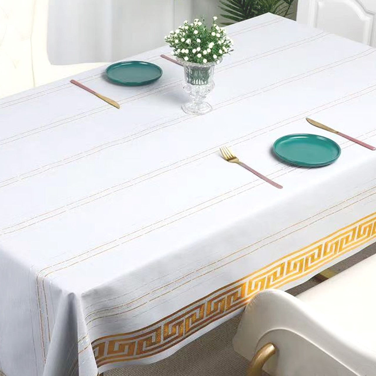 Durane Plastic Table Cover Roll White Gold Pattern Design 1.37 x 20m DR-8353C 10264