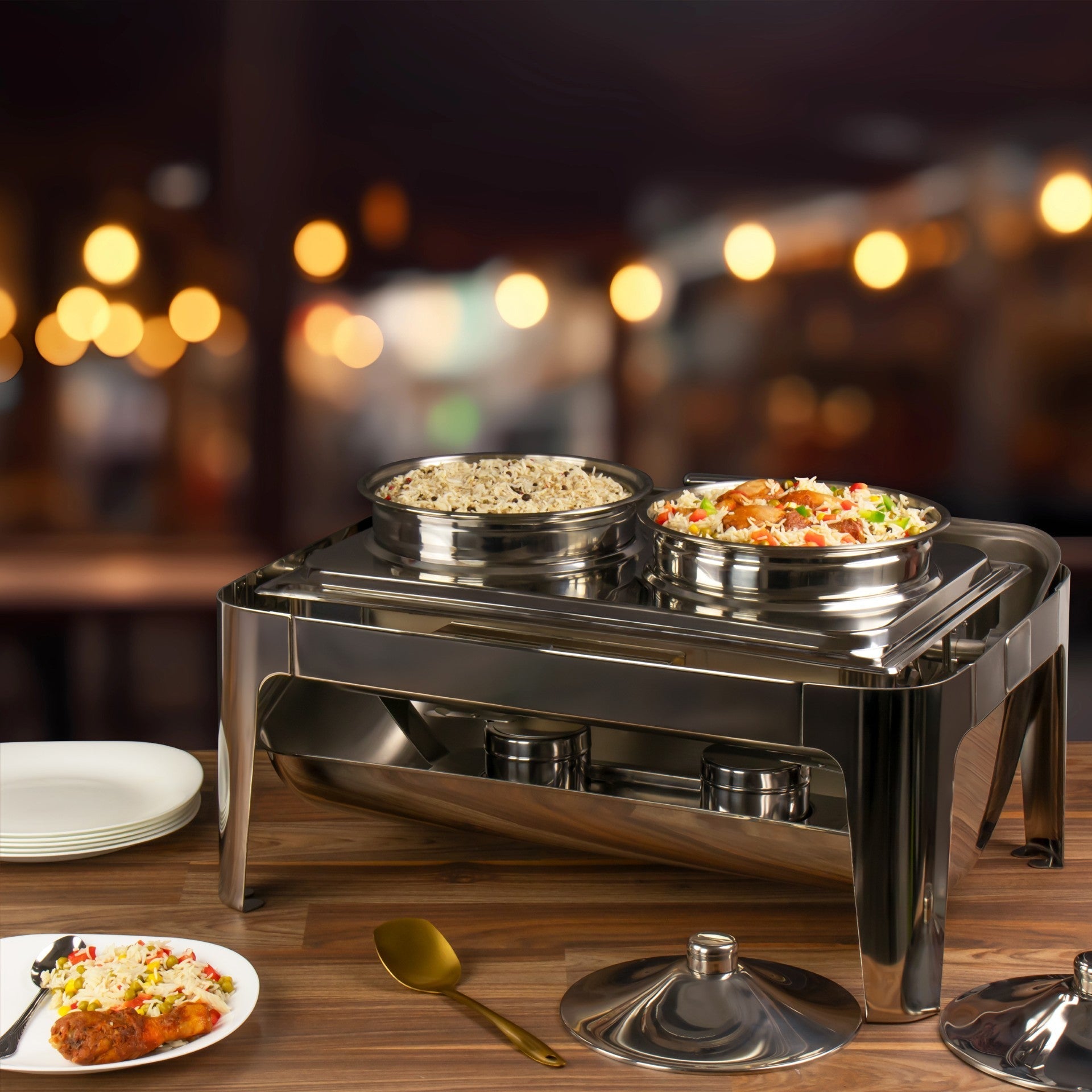 SQ Professional Banquet Chafing Dish with Roll Top and 2 Soup / Stew Pots Oblong Silver 2 x 4.5L 7924