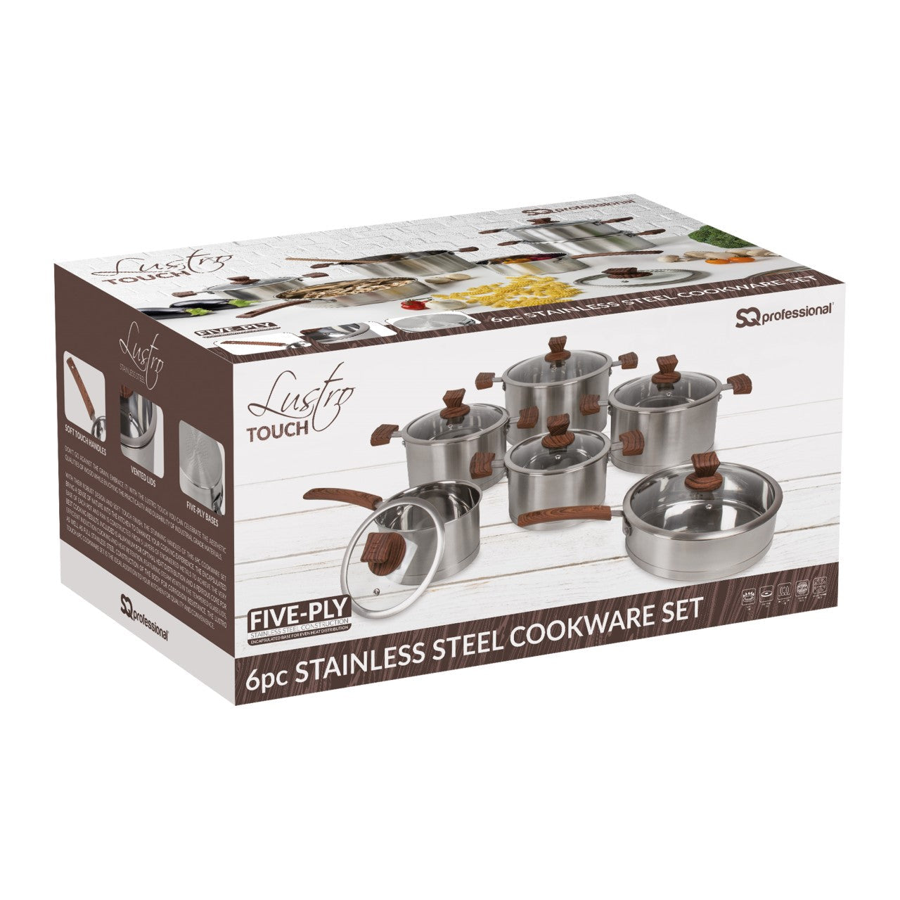 SQ Professional Lustro Touch Stainless Steel Cookware Set of 6 Brown 9965
