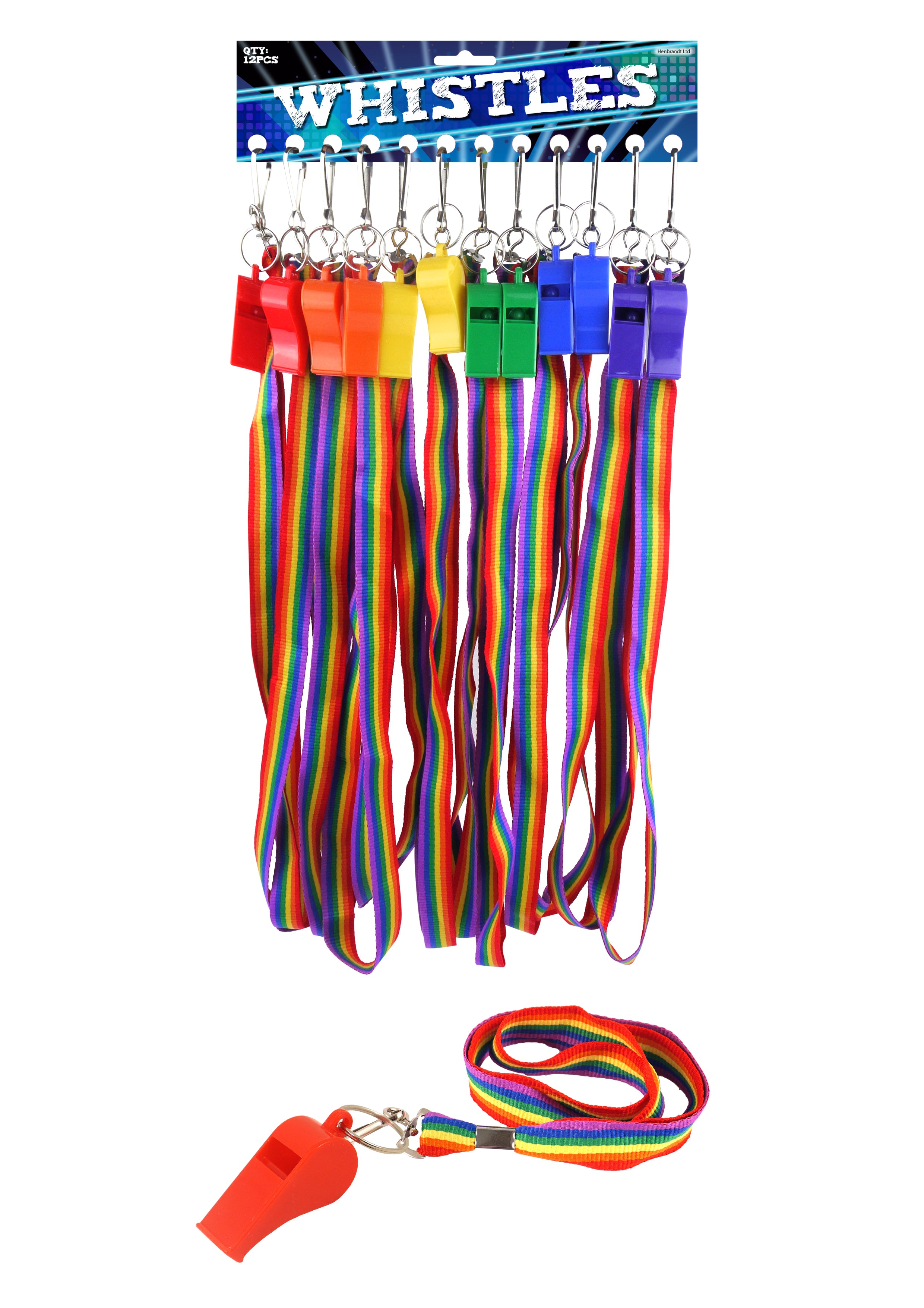 Rainbow Whistle Plastic 5.5cm Cord 6 Astd Colour
