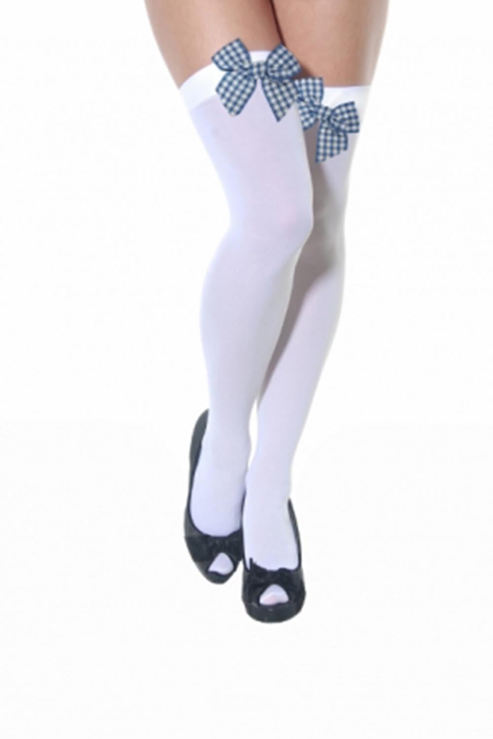Crazy Chick White Holds Up Stockings With Blue And White Checkered Bow