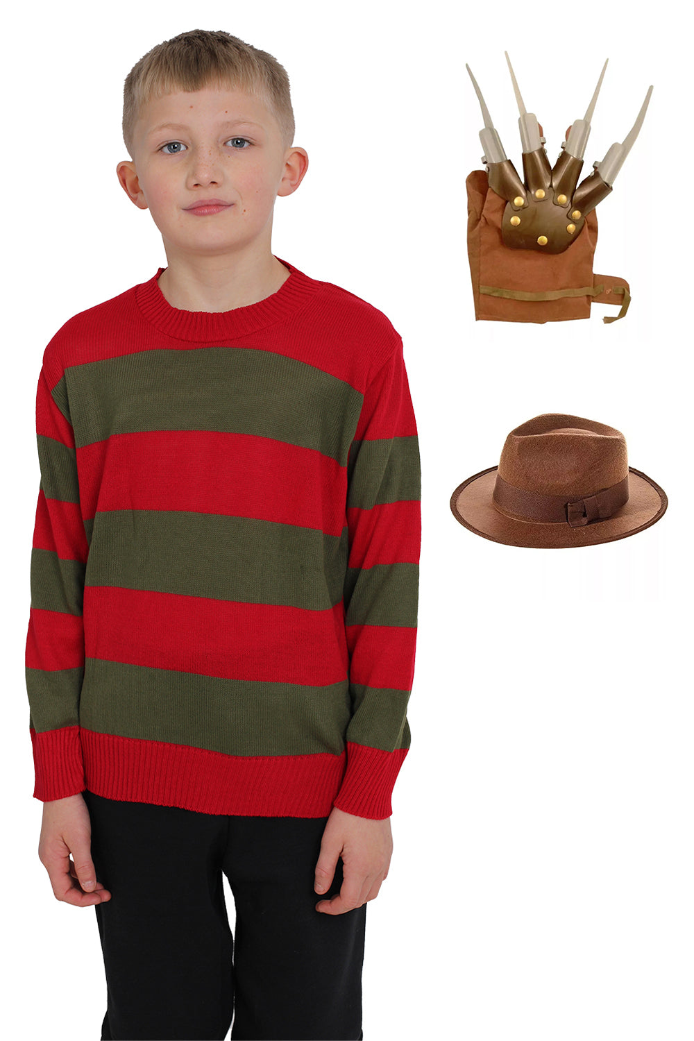 WickedFun Nightmare Demon 3pcs Kids Red and Green Knitted Jumper Hat and Claw Glove