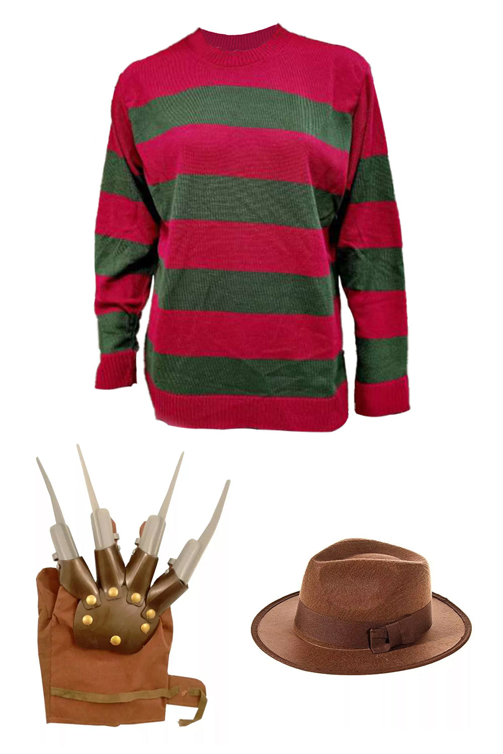 WickedFun Nightmare Demon 3pcs Men Red and Green Knitted Jumper Hat and Claw Glove