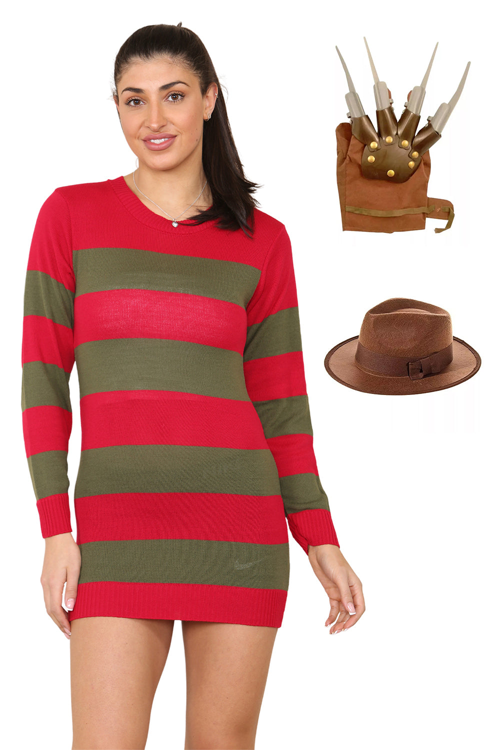 WickedFun Nightmare Demon 3pcs Women Red and Green Knitted Jumper Hat and Claw Glove