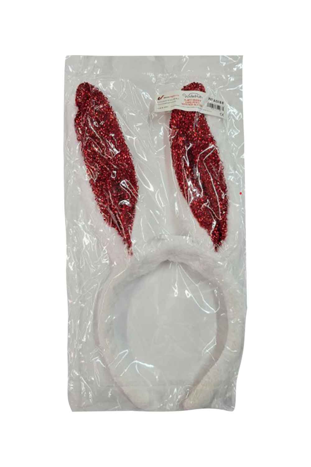 Wickedfun Fluffy Bunny Ears White With Red Glitter