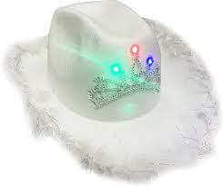 Wickedfun Light Up Tiara White Cowboy Hat with Fluff Trim