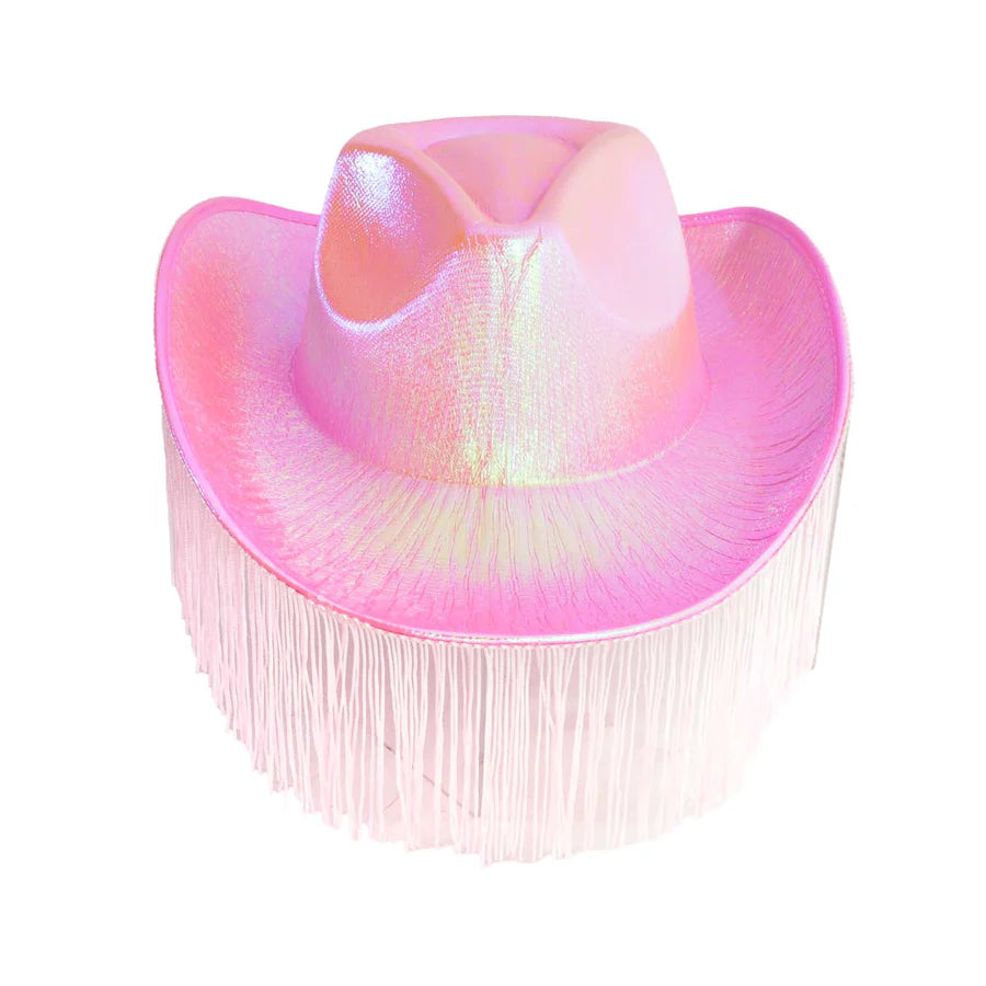 Wickedfun Pink Iridescent Cowboy Hat With Fringe
